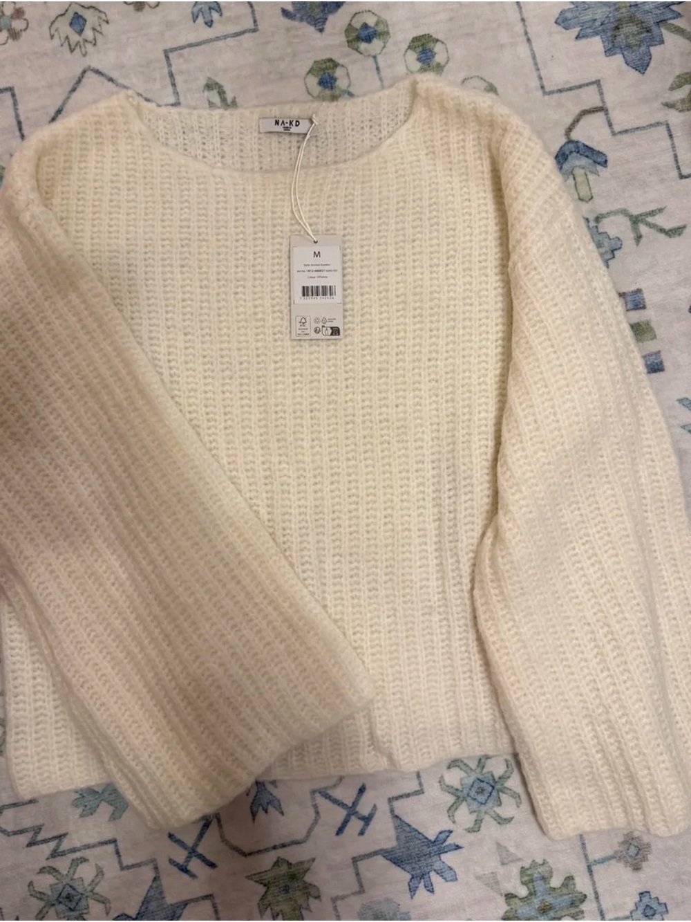 NA-KD Cream Ribbed Knit Scoop Neck Sweater